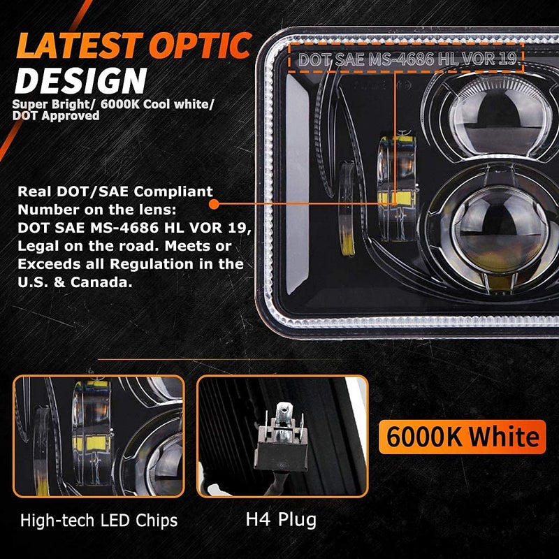 Z-OFFROAD 4pcs 60W 4x6 Inch LED Headlights DOT Approved Rectangular H4651 H4652 H4656 H4666 H6545 Headlight Replacement Compatible with KW Freightliner Peterbilt Oldsmobile Cutlass â€“ Black - Image 2